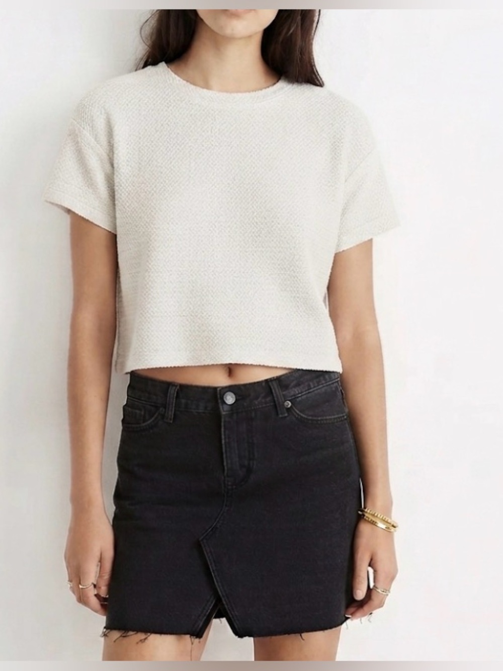 2 pc Madewell Textured Top & Frisco Black A-Line Denim Skirt Raw Hem S/27